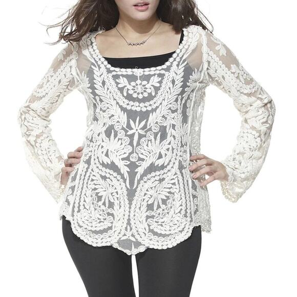 Simply Couture fairy Sheer Long Sleeve Floral Embroidered BohoTop, Womens L - Picture 2 of 10